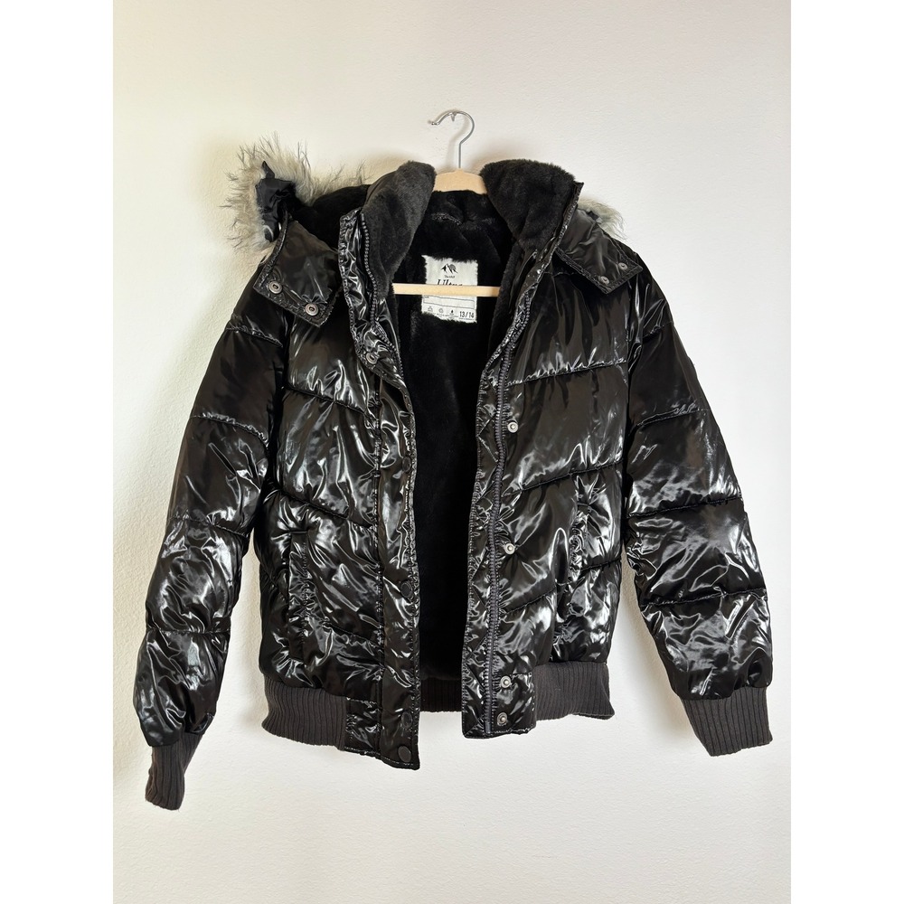 Abercrombie & Fitch Ultra Black Shiny Puffer Jacket Faux Fur Hood Size 13/14